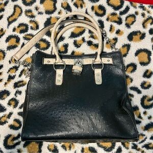 Michael Kors Hamilton Ostrich-Embossed Leather Satchel Black Tan Trim Chain